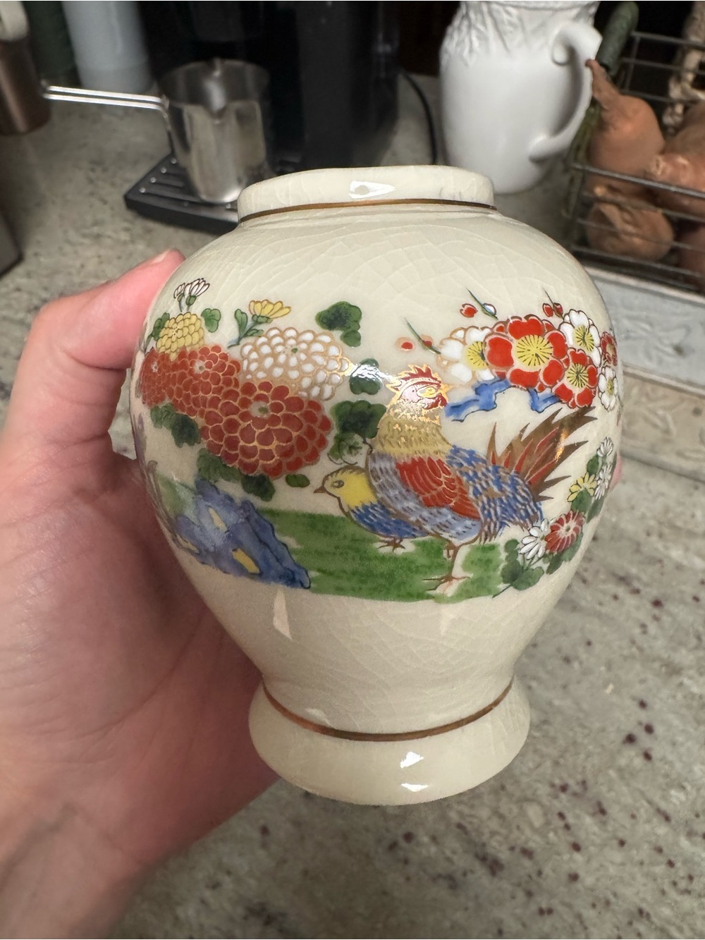 Vintage Hand-Painted Ceramic Jar with Multicolor Rooster & Floral Motif
